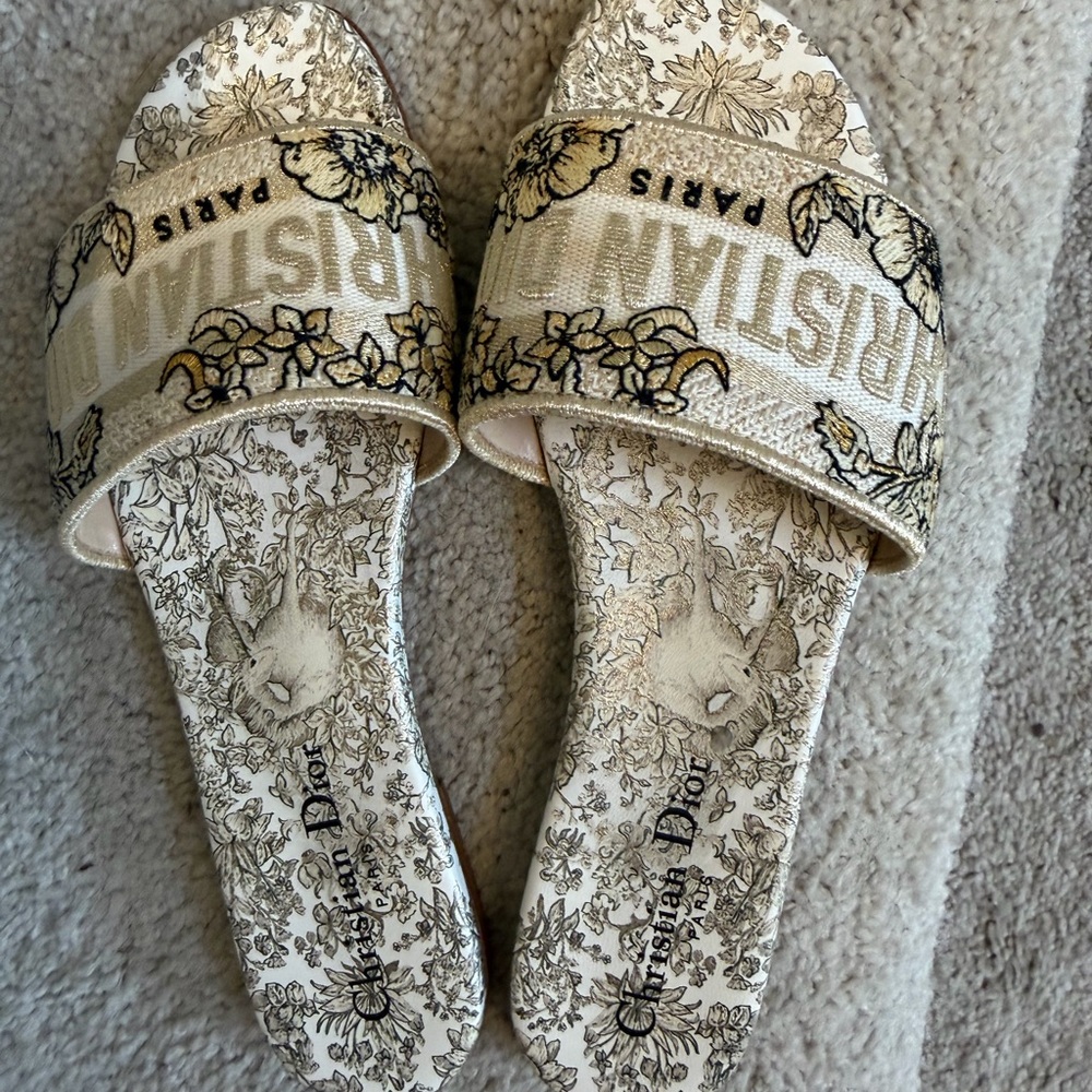 Dior Cream and Gold Embroidered Slide Sandals